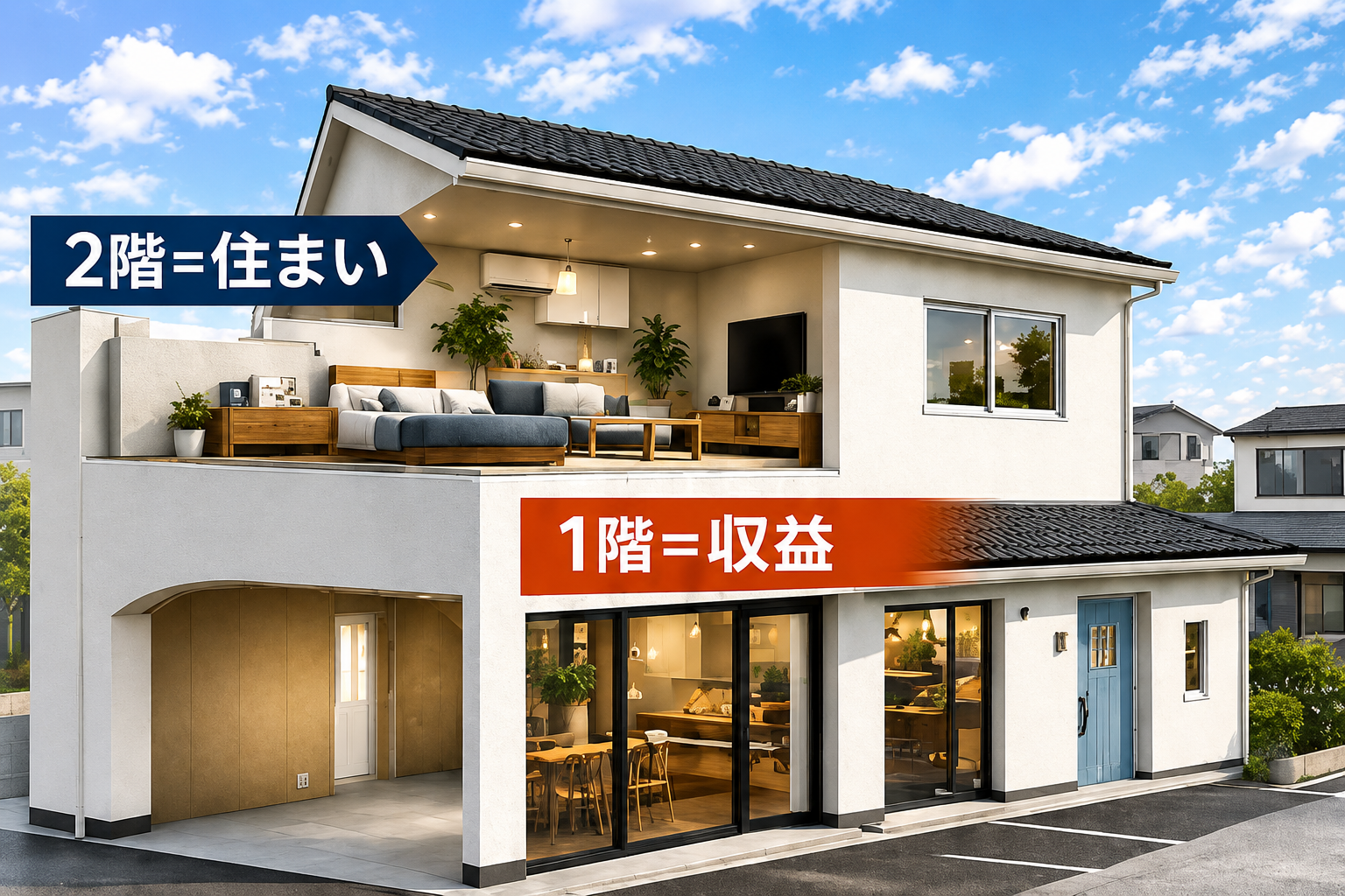 1階を収益空間、2階を住まいにした＆HOUSE外観